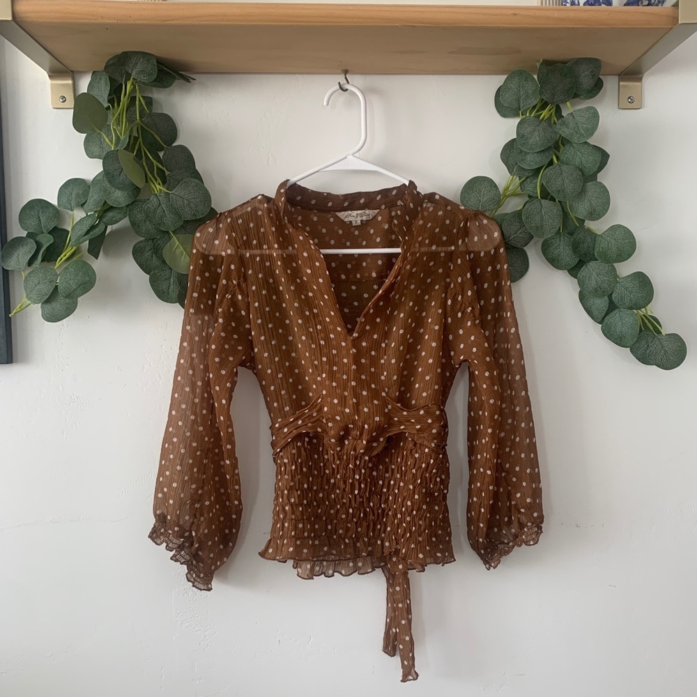 Camel Polka dot - Sheer Blouse with Tie